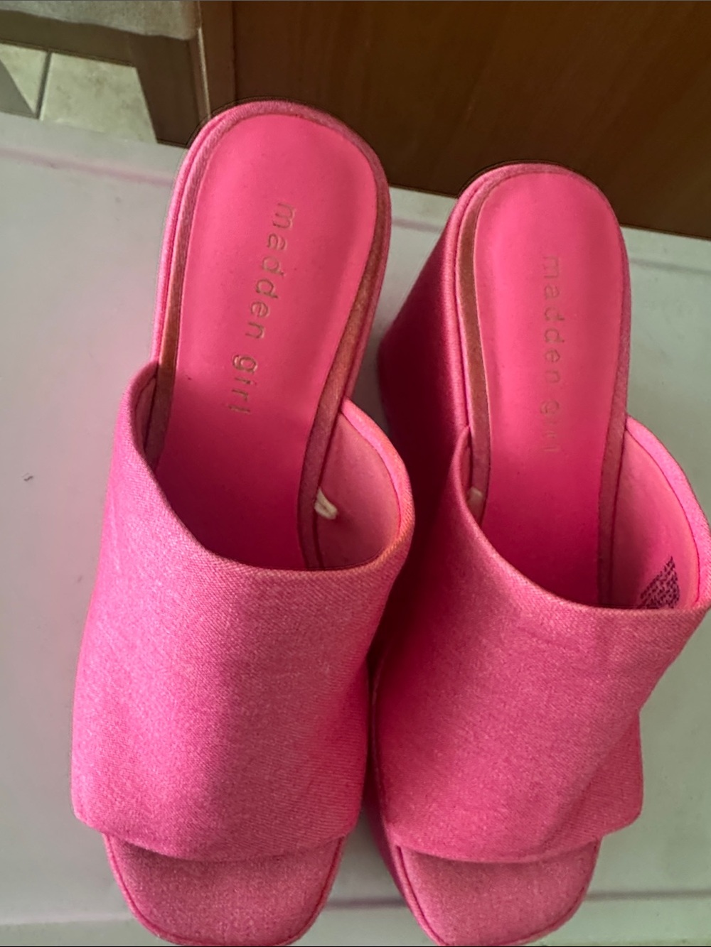 Madden Girl Vibrant Pink Open-Toe Slide Wedge Mules